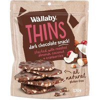 Wallaby Thins Dark Chocolate Snack with Roasted Almonds, Coconut & Cranberries